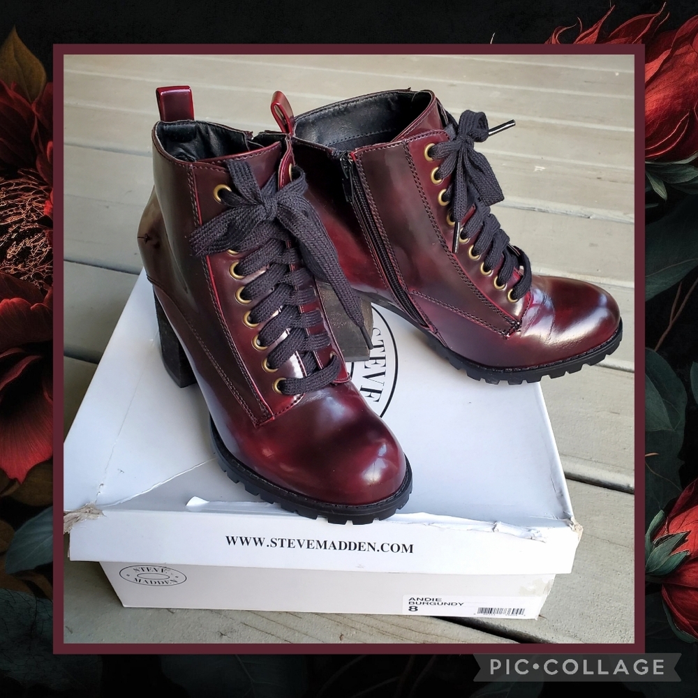 Steve Madden Andie Deep Cherry Burgundy Lace-Up Lug Sole Ankle Booties